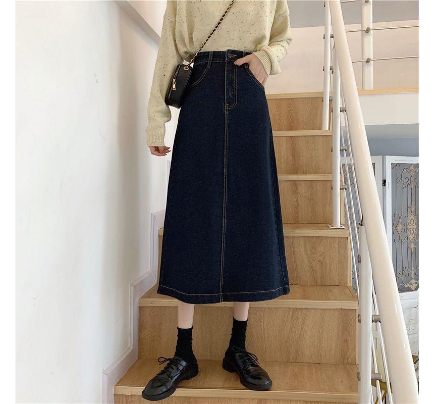 High-Waist A-Line Silt-Back Denim Midi Skirt Product Image