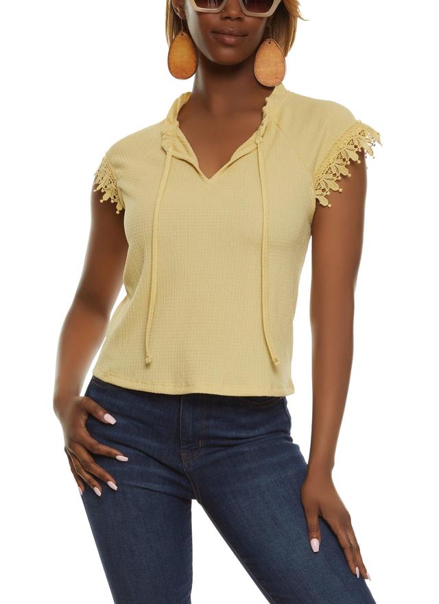 Womens Textured Knit Lace Trim Sleeve Blouse Product Image