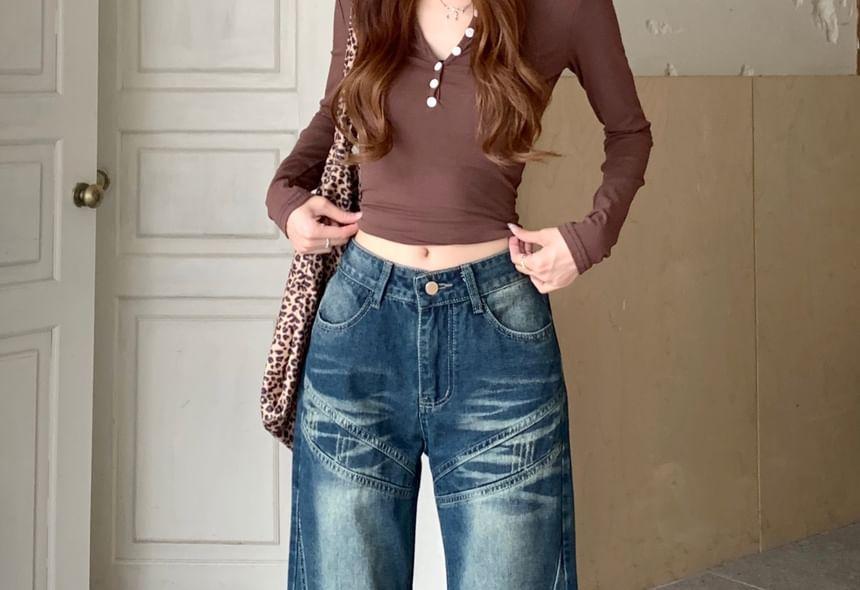 Low Waist Washed Straight-Fit Wide-Leg Jeans Product Image