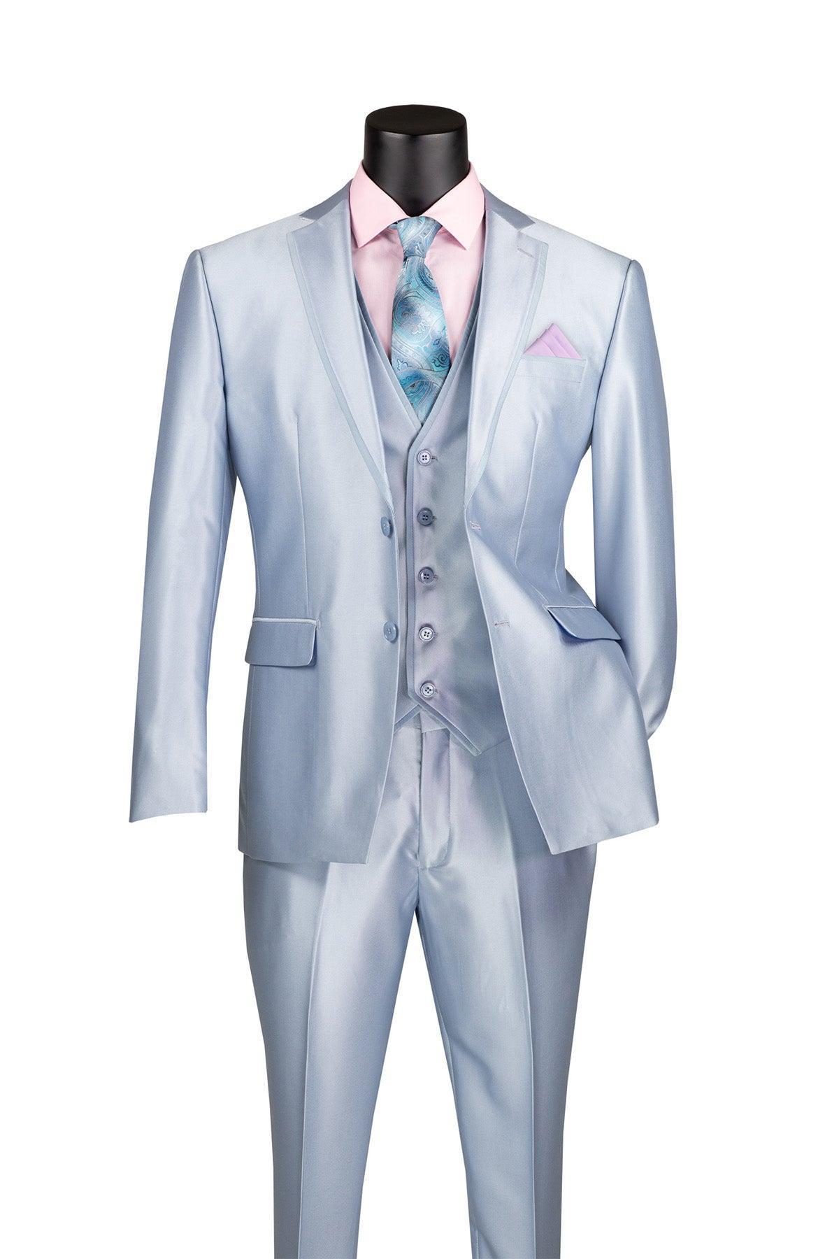 Slim Fit 3 Piece Satin Suit in Ice Blue Product Image