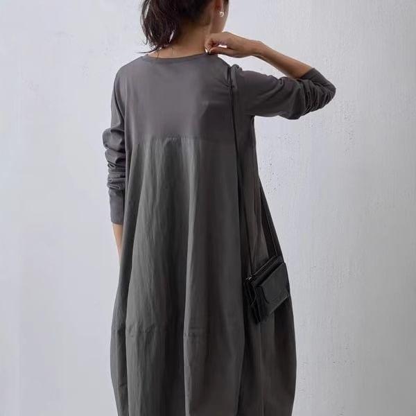 Long-Sleeve Crew Neck Plain Midi Smock Dress Product Image