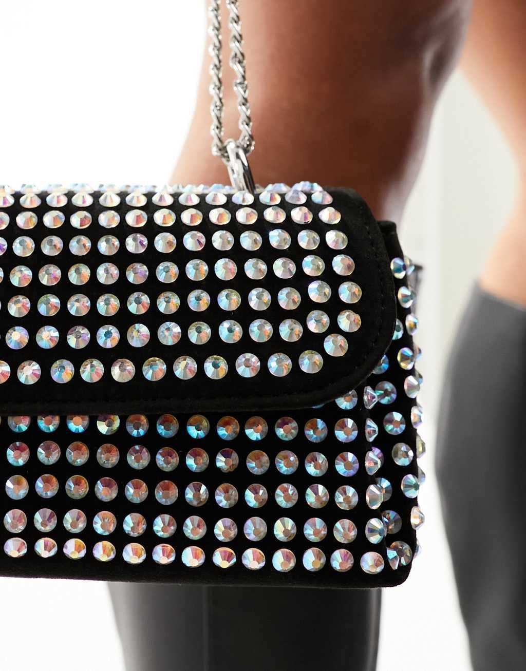 ASOS DESIGN large diamante stud flap crossbody bag with chain in black Product Image