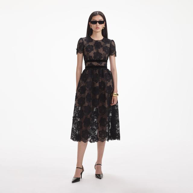 Black Lace Velvet Bow Midi Dress Product Image