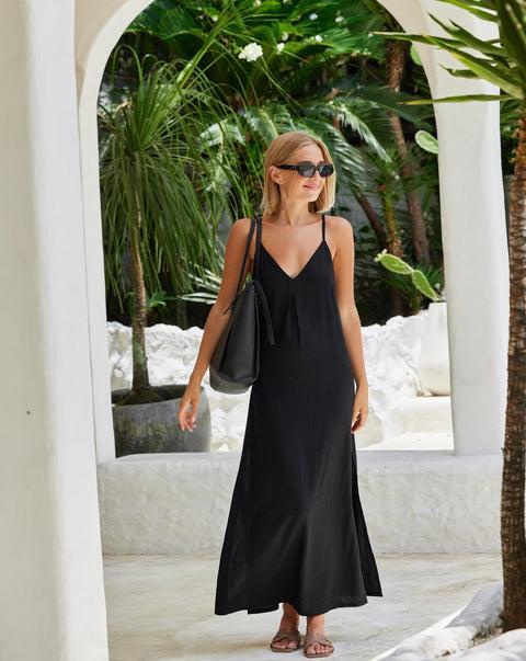 The Mykonos - Solid Black Linen Beach Dress Product Image