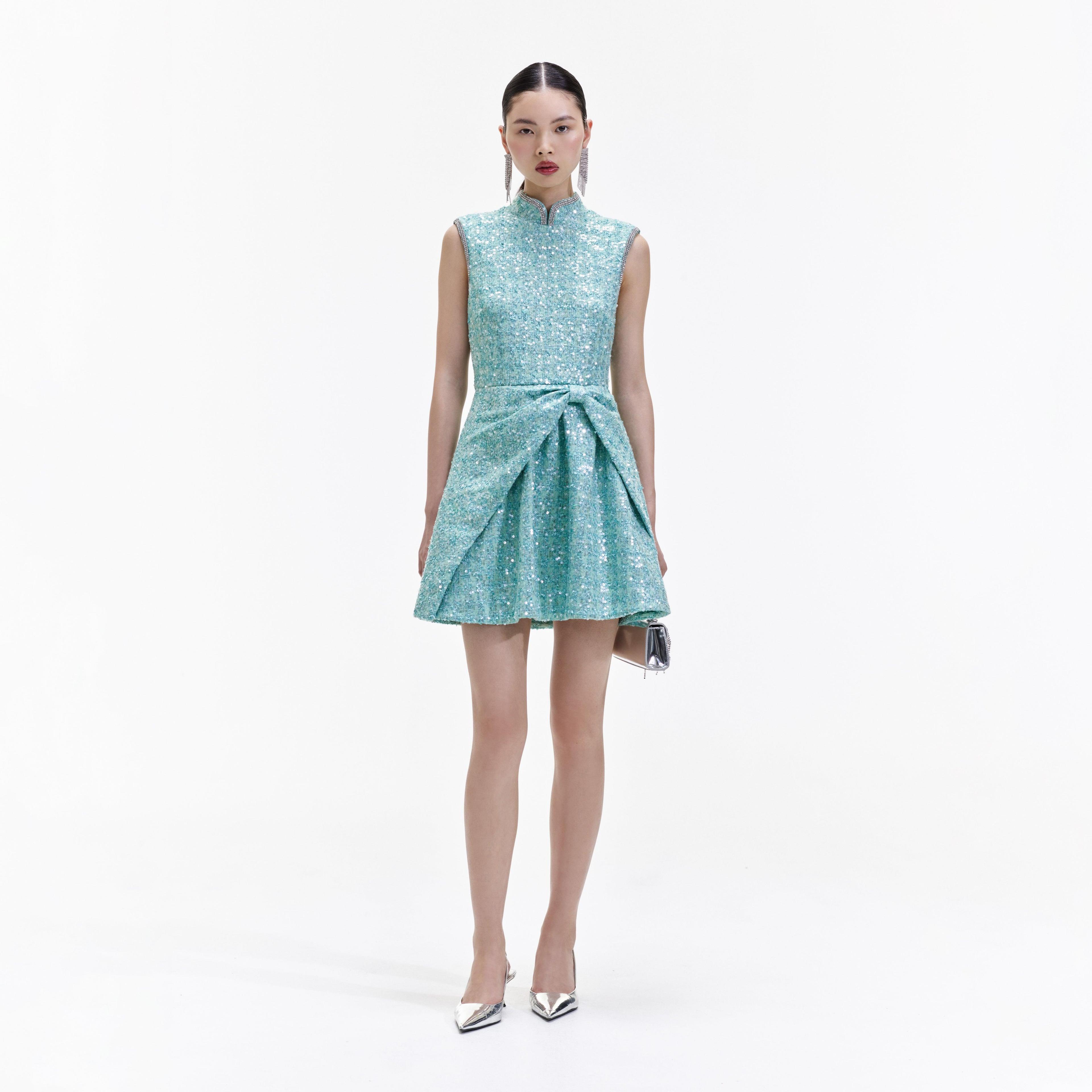 Blue Boucle Gathered Mini Dress Product Image