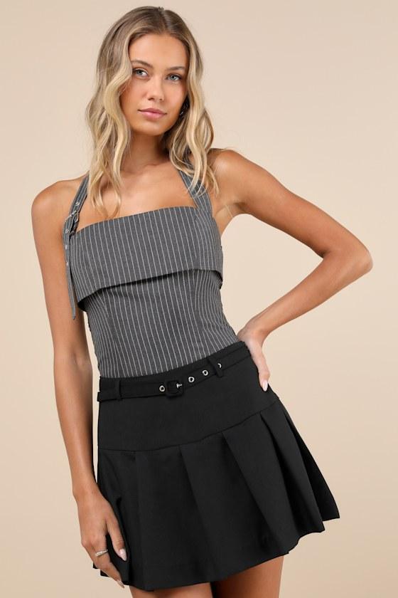 Trendy Cues Grey Pinstriped Buckle Halter Top Product Image