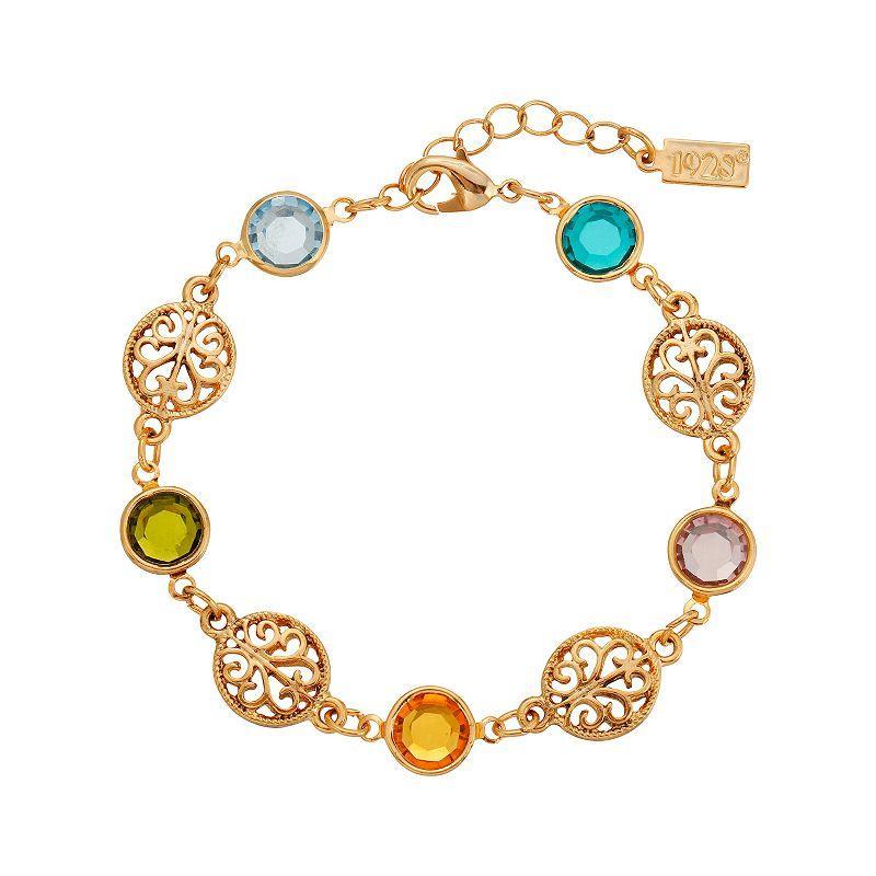 1928 Gold Tone Multi-Color Crystal Filigree Link Bracelet, Womens Product Image