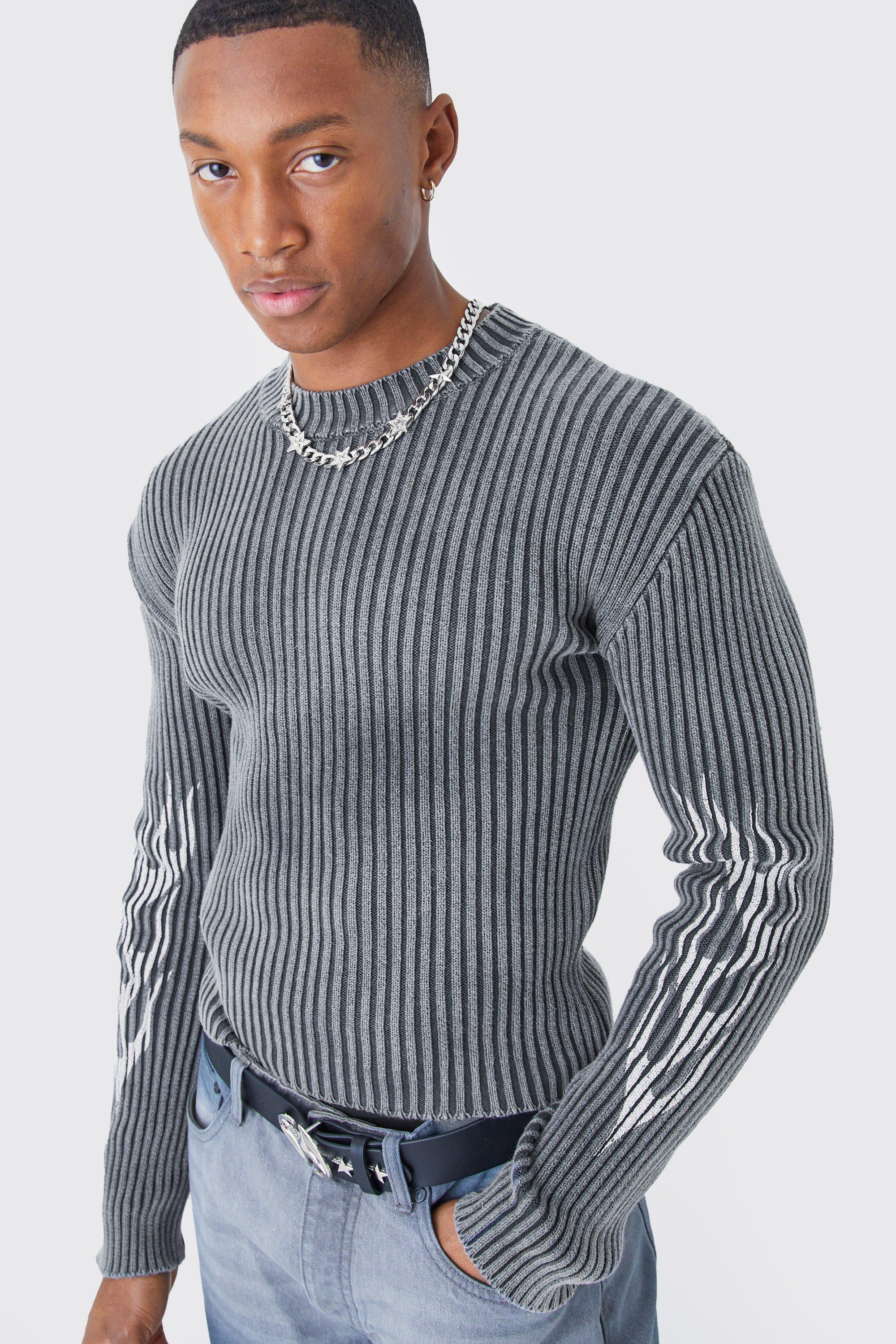 Muscle Fit Ribbed Acid Wash Knit Sweater | boohooMAN USA Product Image