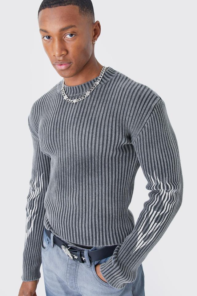 Muscle Fit Ribbed Acid Wash Knit Sweater | boohooMAN USA Product Image