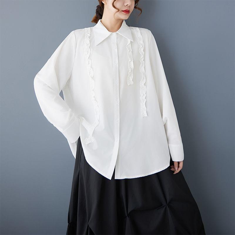 Long Sleeve Ruffle Trim Button Up Shirt Product Image