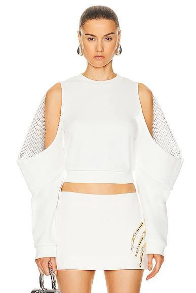 AREA Crystal Embellished Cold Shoulder Sweatshirt in White Product Image