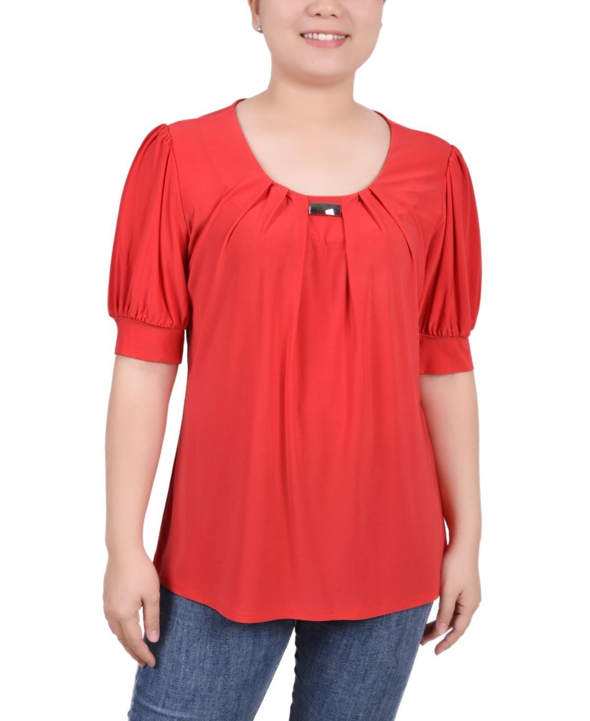 NY Collection Petite Puff Sleeve Pleated Front Blouse -BLUE Product Image