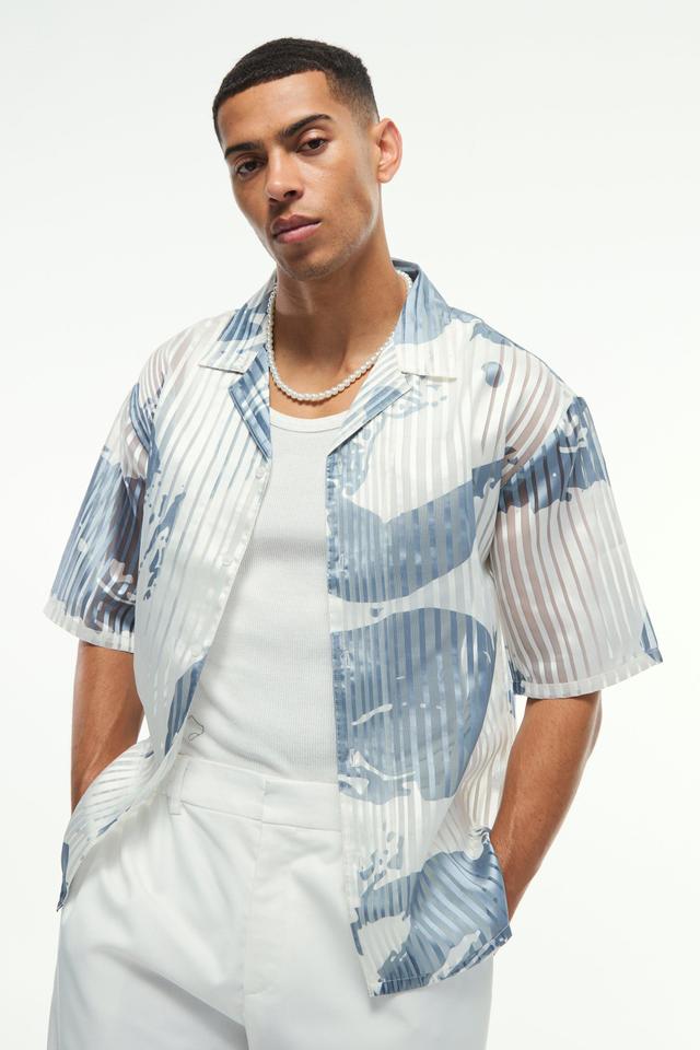 Oversized Mesh Pleated Printed Revere Boxy Shirt | boohooMAN USA Product Image