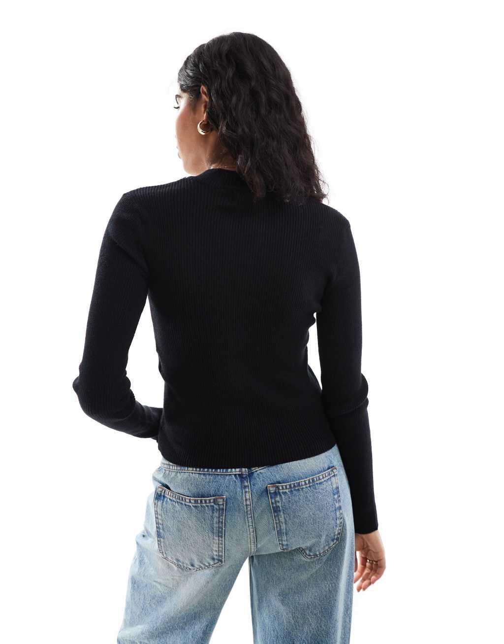 Pieces ribbed knit sweater with double zip in black Product Image