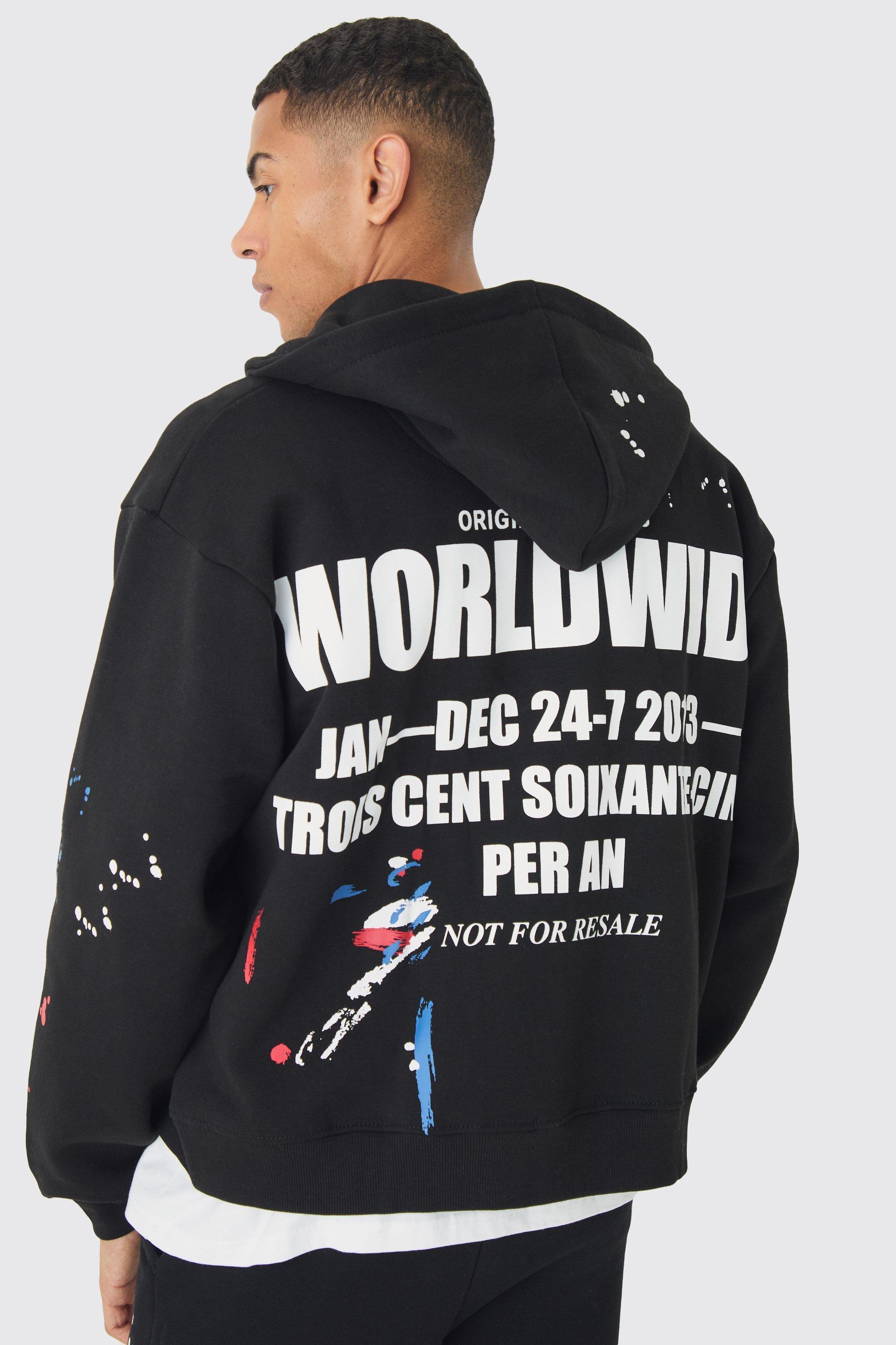 Mens Black Oversized Boxy Paint Splatter Printed Zip Through Hoodie, Black Product Image