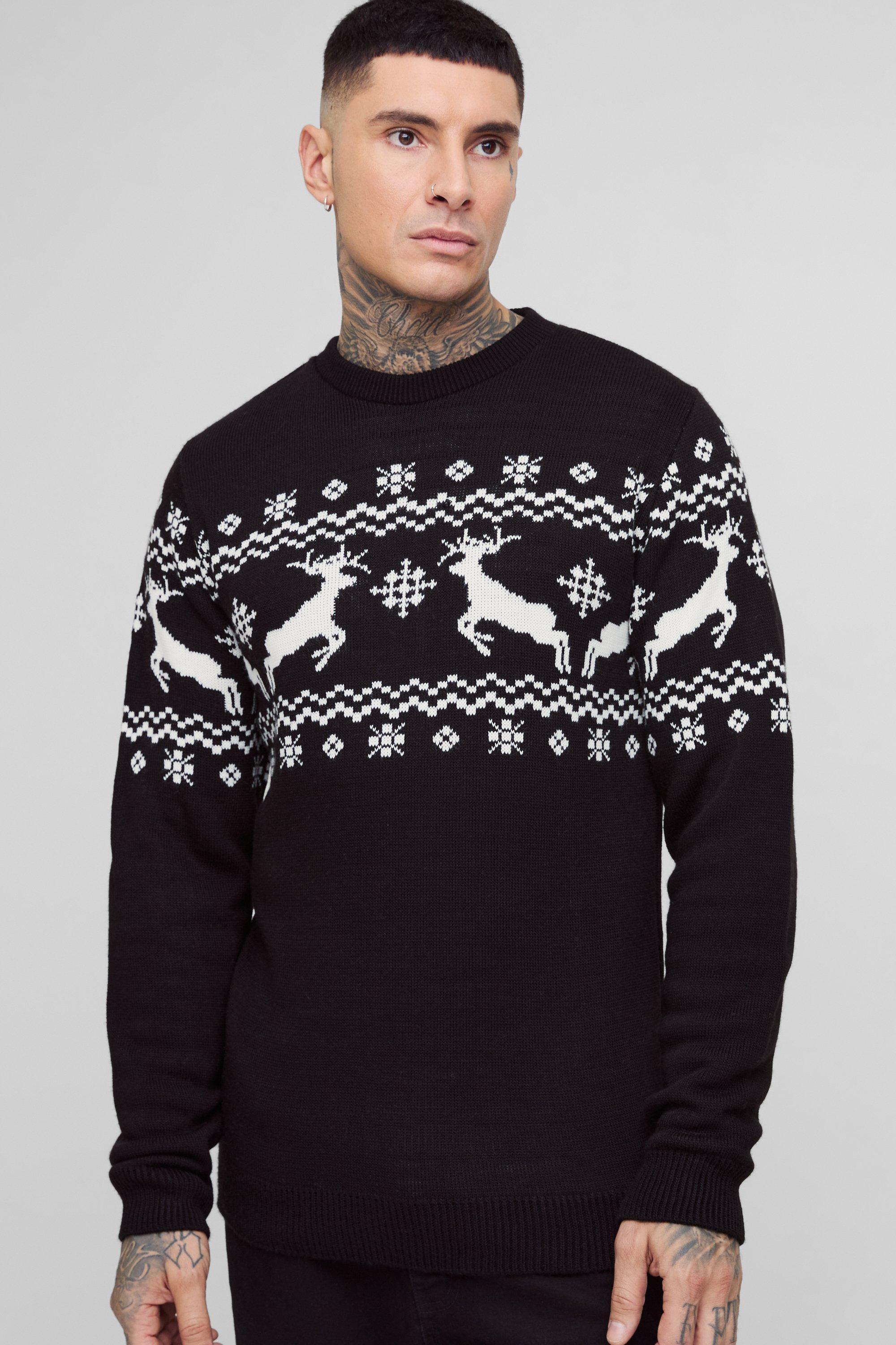 Tall Reindeer Fairisle Panel Christmas Sweater | boohooMAN USA Product Image