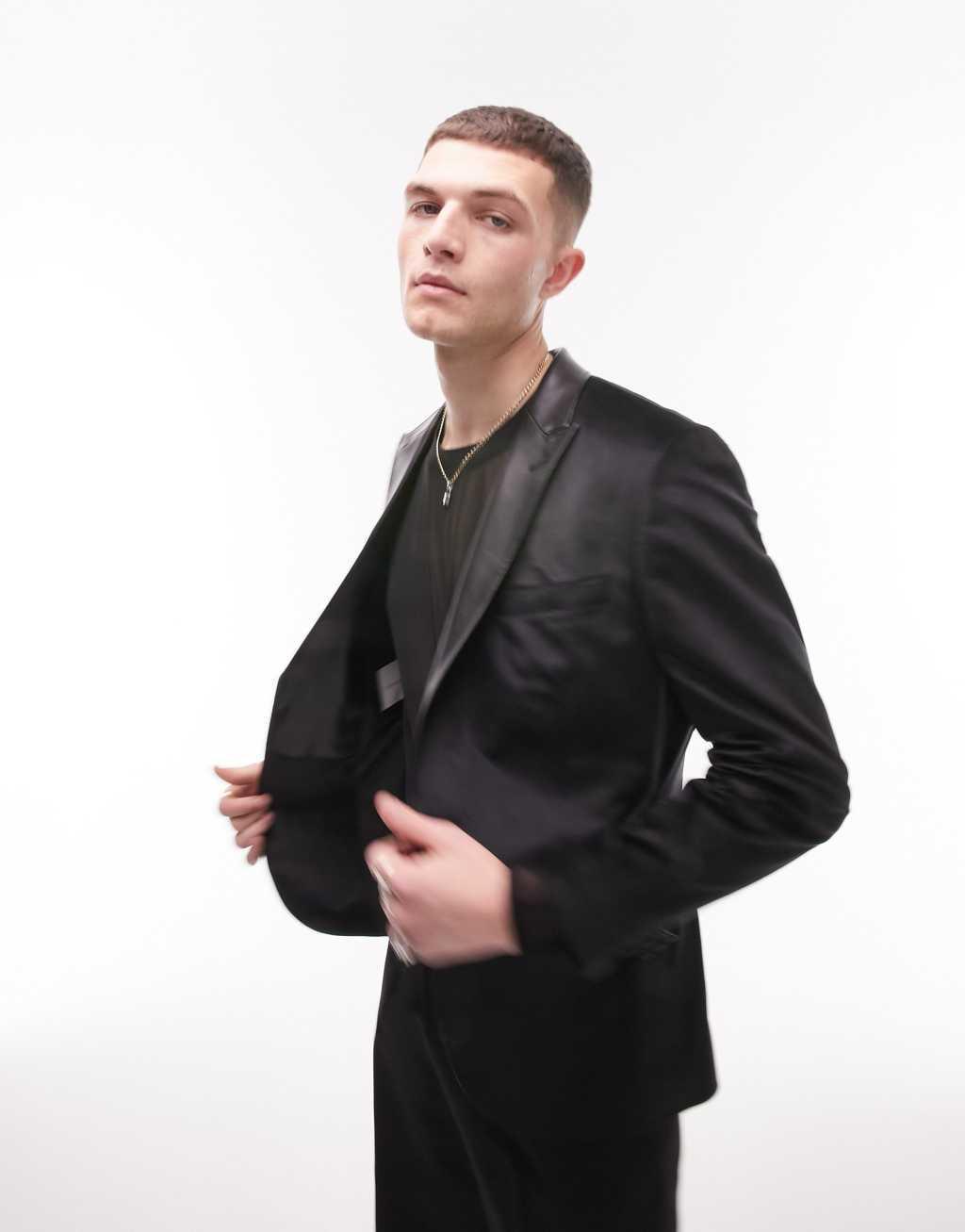 Topman skinny velvet blazer in black Product Image