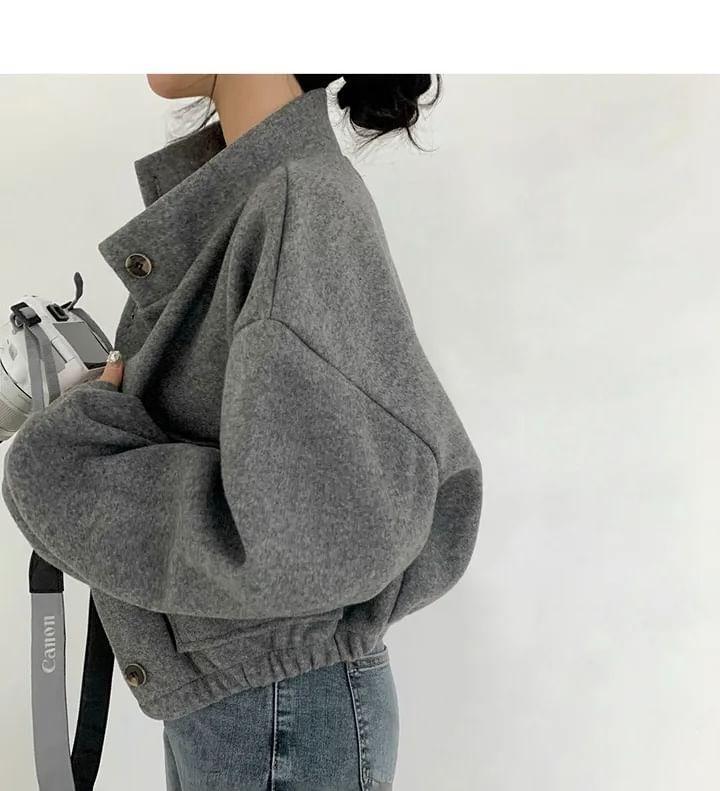 Stand Collar Plain Button-Up Crop Jacket Product Image