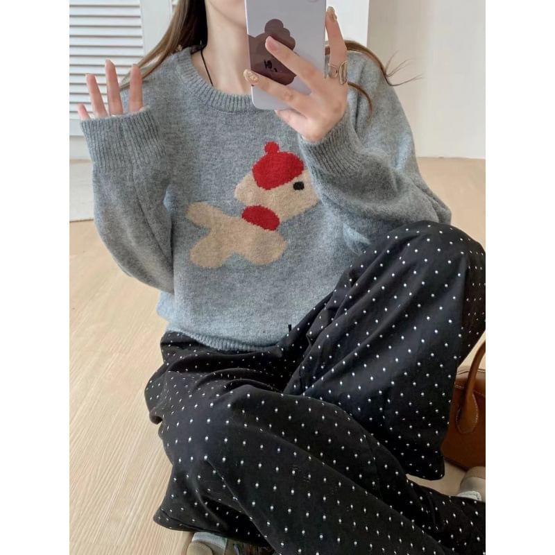 Round Neck Bear Embroidered Sweater Product Image