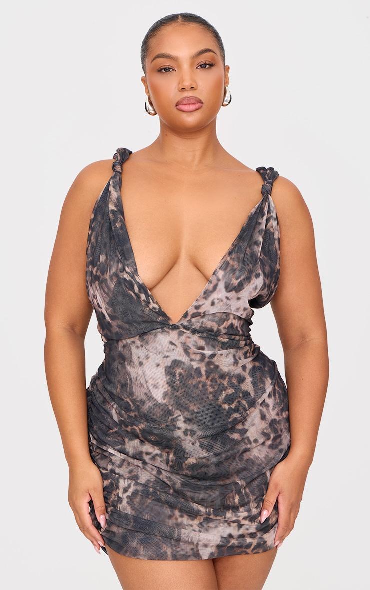 Plus Grey Leopard Double Layer Slinky Mesh Panel Bodycon Dress Product Image