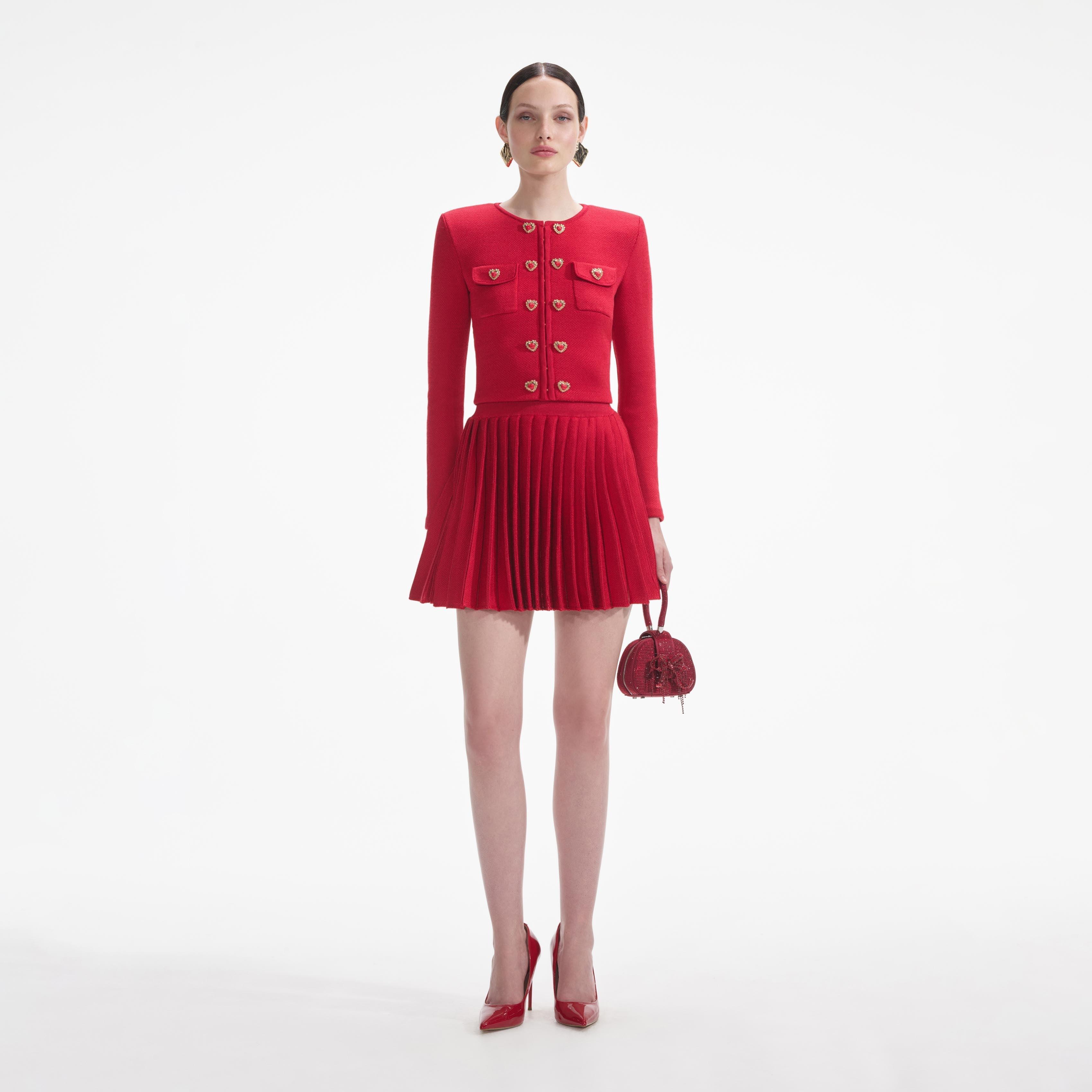 Red Pleated Knit Mini Skirt Product Image