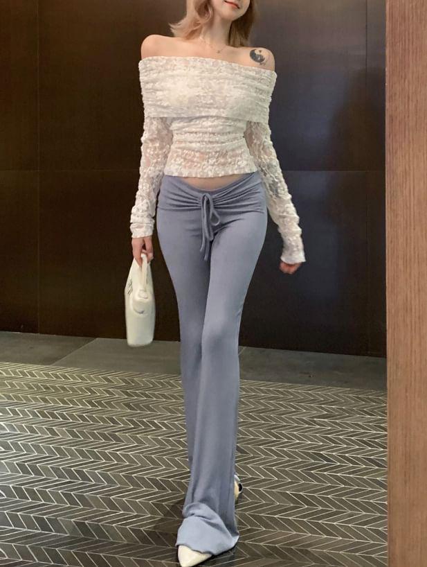 Long-Sleeve Off-Shoulder Lace Crop Slim Fit Top / Drawstring Waist Plain Bootcut Pants Product Image