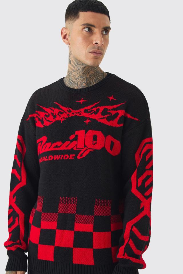 Tall Moto Crew Neck Knitted Sweater In Black | boohooMAN USA Product Image