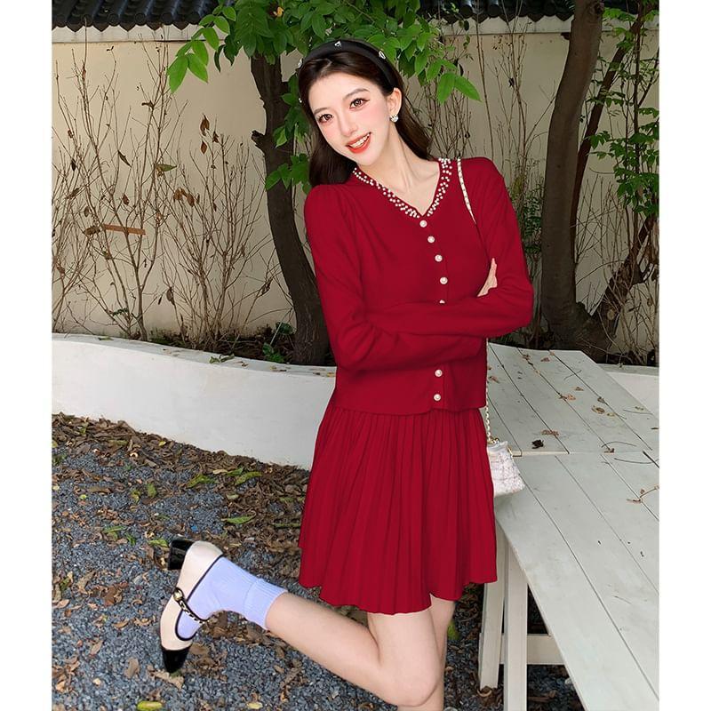 Set: Plain Lace Trim Cardigan + High Waist Pleated Mini A-Line Skirt Product Image