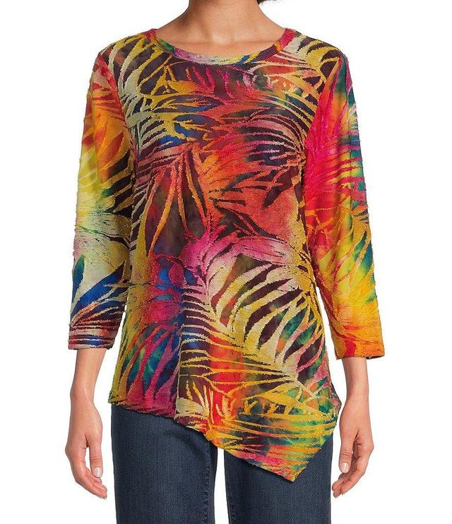 Calessa Petite Size Crew Neck Long Sleeve Asymmetric Hem Burnout Tie-Dye Blouse Product Image