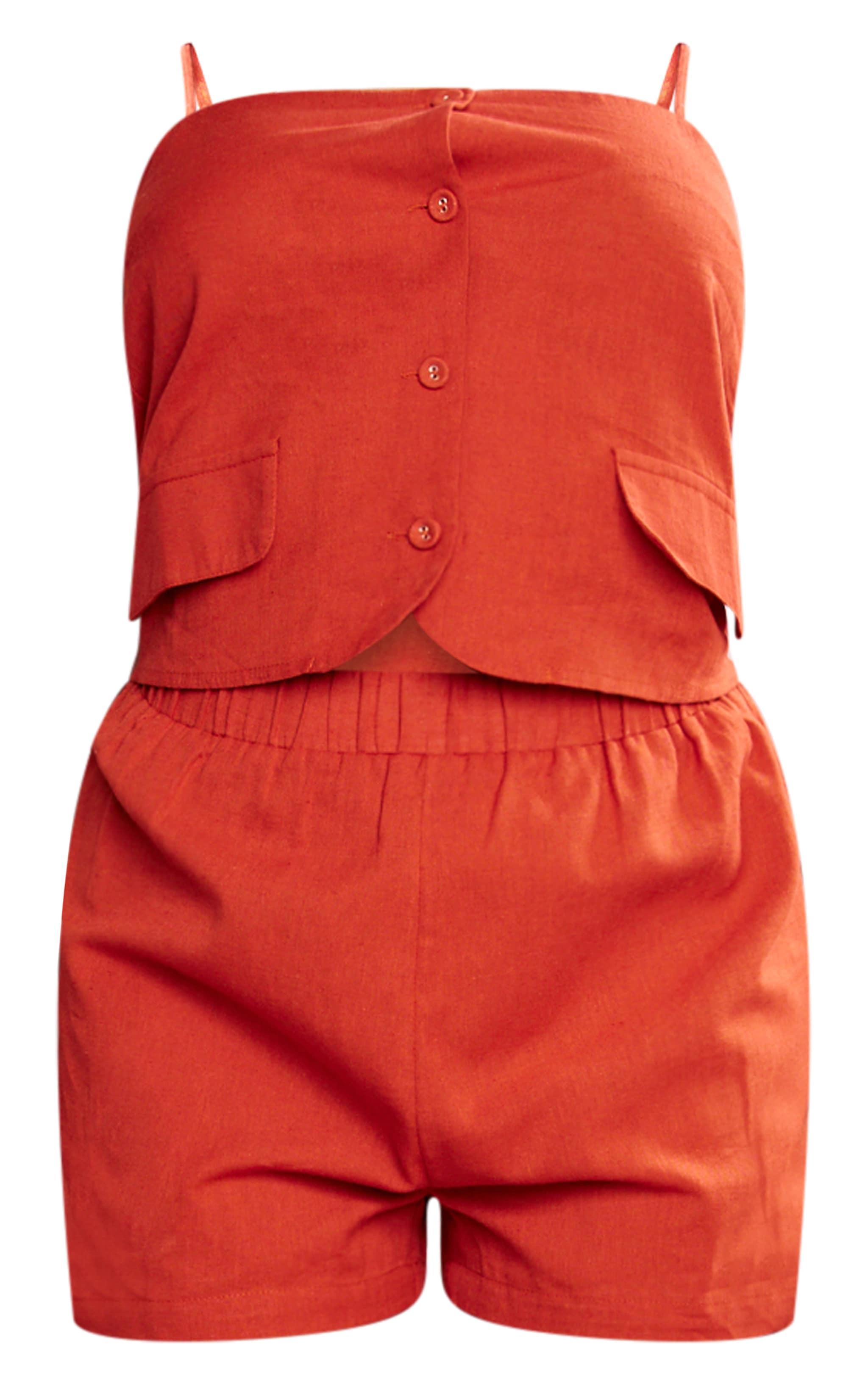 Rust Linen Strappy Button Down Romper Product Image