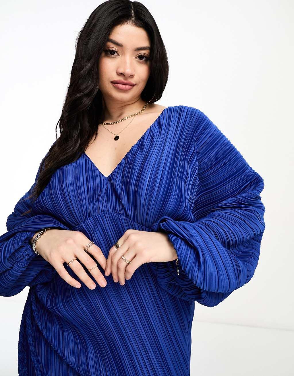 ASOS DESIGN Curve deep plunge blouson sleeve plisse midi dress Product Image