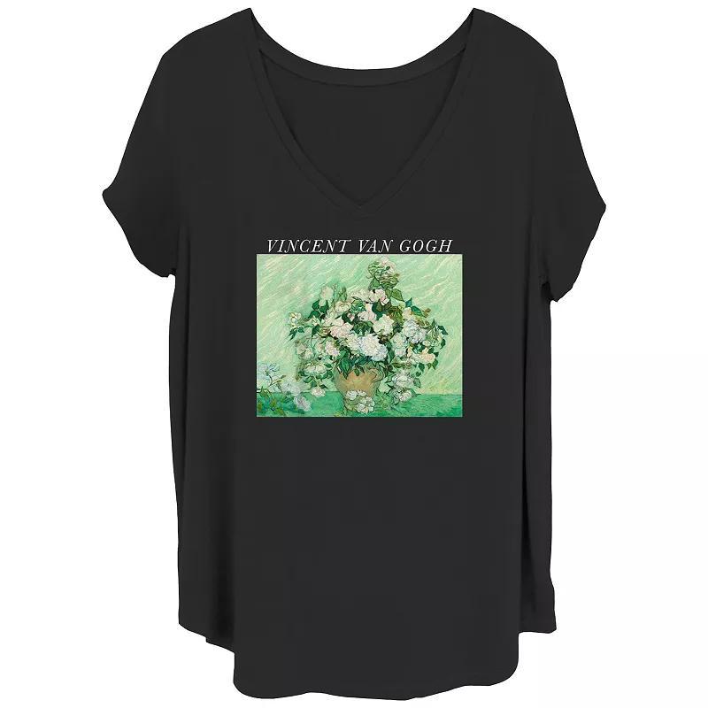 Juniors Plus Size Vincent Van Gogh Roses Paint V-Neck Graphic Tee, Womens Product Image