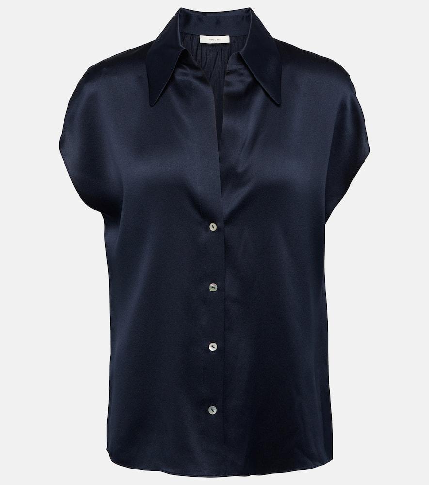 VINCE Cap-sleeve Ruched-back Silk Blouse In Coastal Product Image