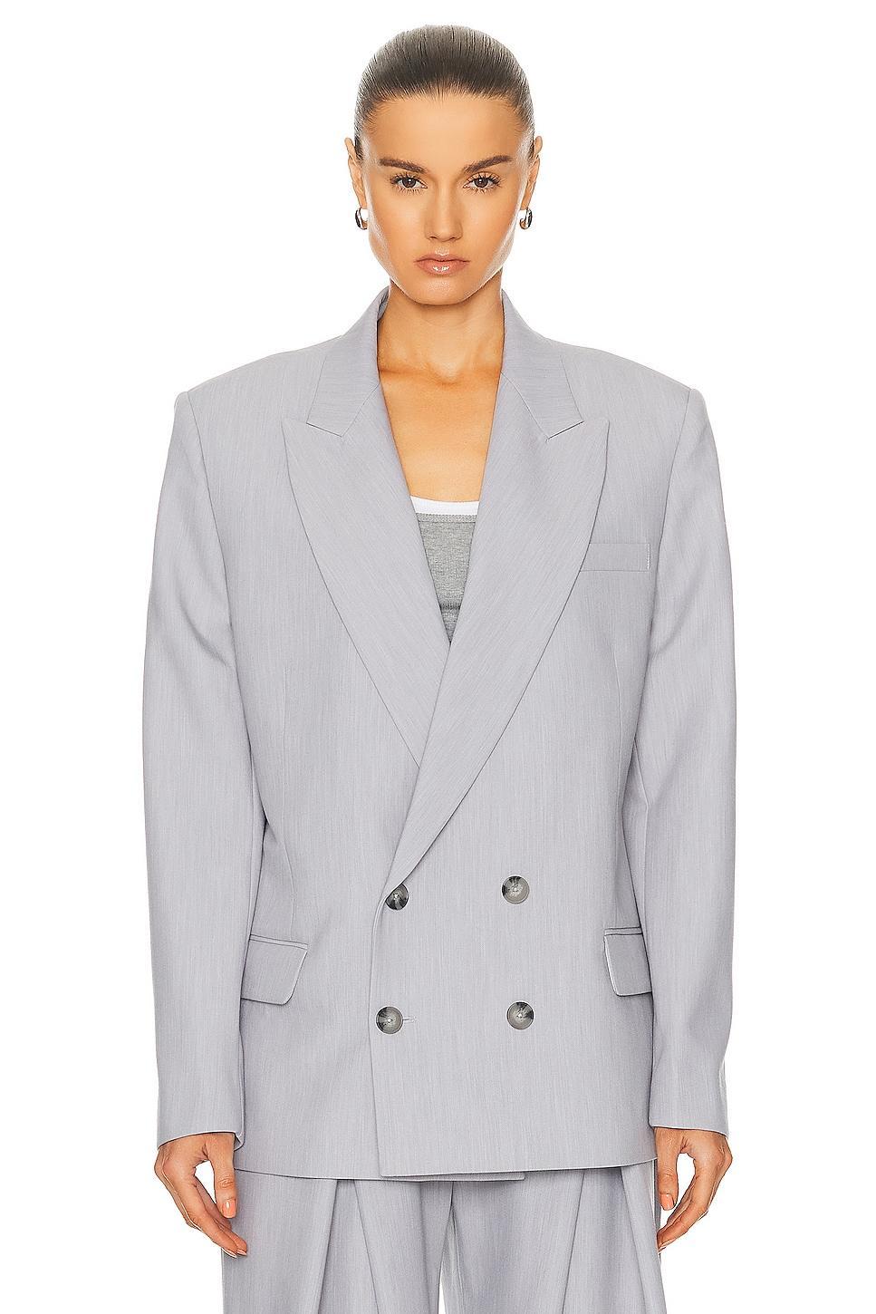 GRLFRND Nolan Double Breasted Blazer in Light Grey. Product Image