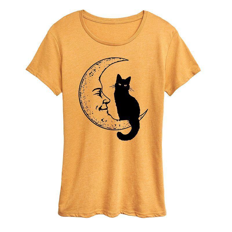 Womens Black Cat On Moon Graphic Tee Grey Yellow Product Image