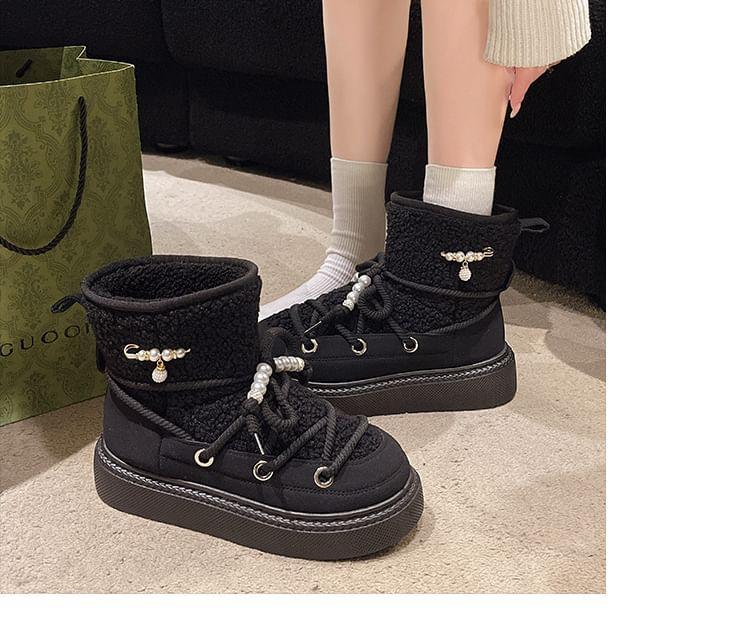 Fleece Panel Lace-Up Faux Pearl Platform Short Snow Boots Product Image