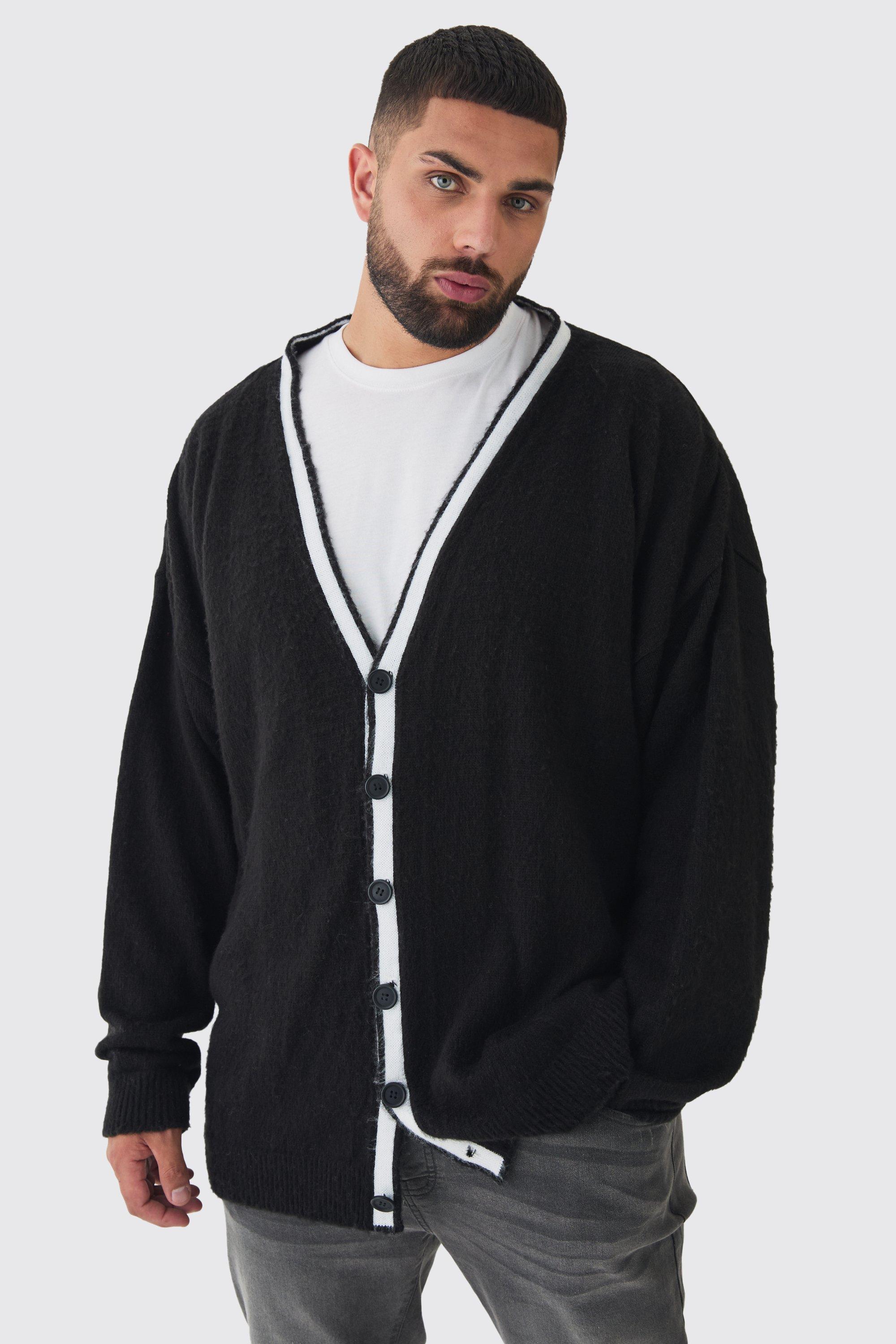 Plus Brushed Knit Contrast Trim Cardigan | boohooMAN USA Product Image