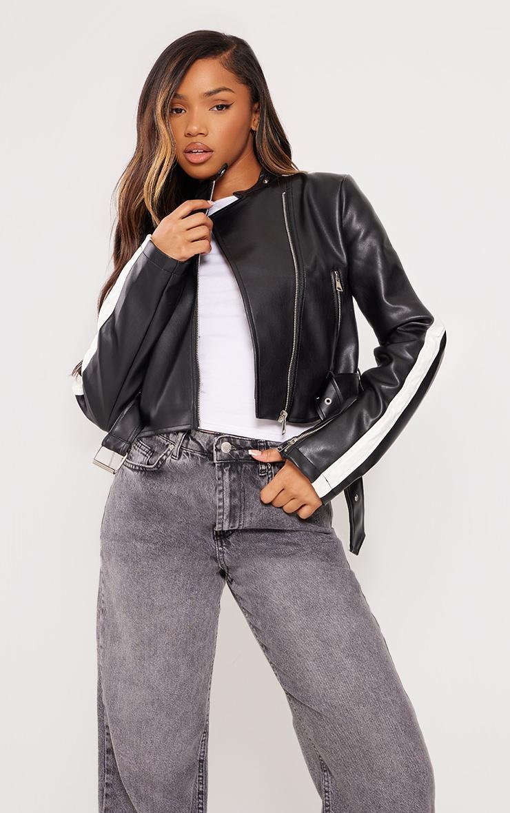 Black Faux Leather Contrast Panel Cropped Biker Jacket Product Image