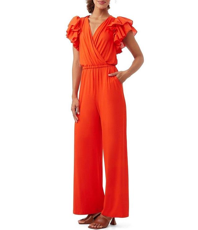 Trina Turk Weston Jersey Surplice V-Neck Ruffle Sleeve Jumpsuit Product Image