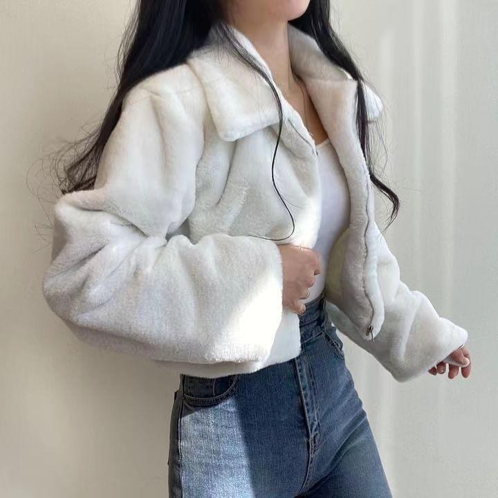 Long Sleeve Collared Zip Up Furry Cropped Jacket Product Image