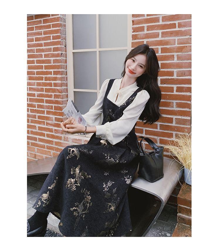 Long-Sleeve Stand Collar Mock Two-Piece Floral Jacquard Midi A-Line Dress Product Image