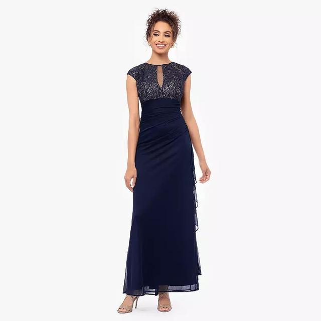 Womens BA Nites Lace Top Sheer Matte Jersey Ruffle Evening Dress Blue Product Image