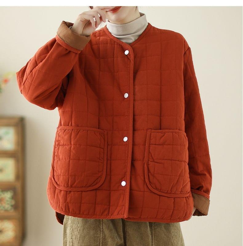 V-Neck Plain Quilted Button Jacket Product Image