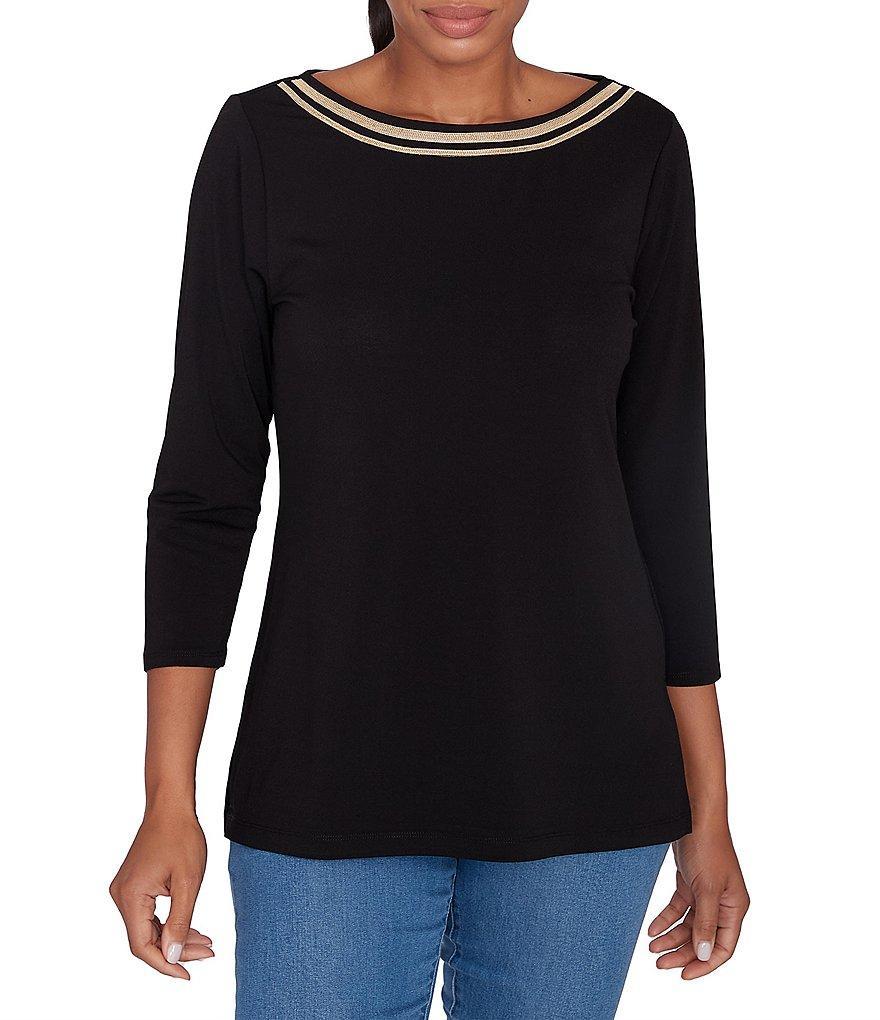 Ruby Rd. Solid Embellished Boat Neck 3/4 Sleeve Knit Top Product Image