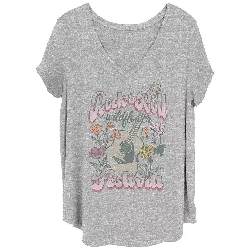 Juniors Plus Size Rock And Roll Wildflowers Festival V-Neck Graphic Tee, Womens Grey Gray Product Image