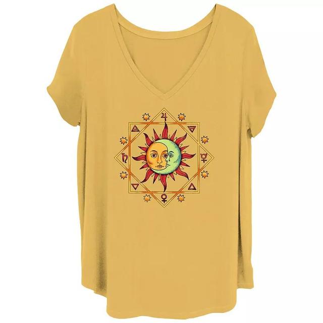 Juniors Plus Celestial Sun And Moon Zodiac Cluster V-Neck Graphic Tee, Womens Brown Product Image