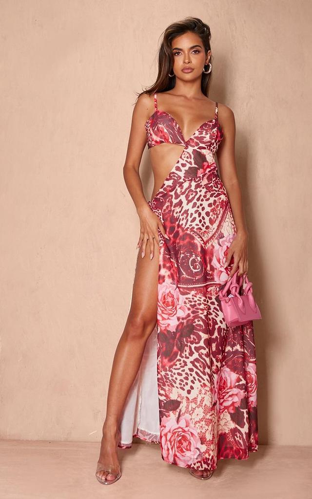 Pink Floral Print Chiffon Cami Cut Out Split Leg Maxi Dress Product Image