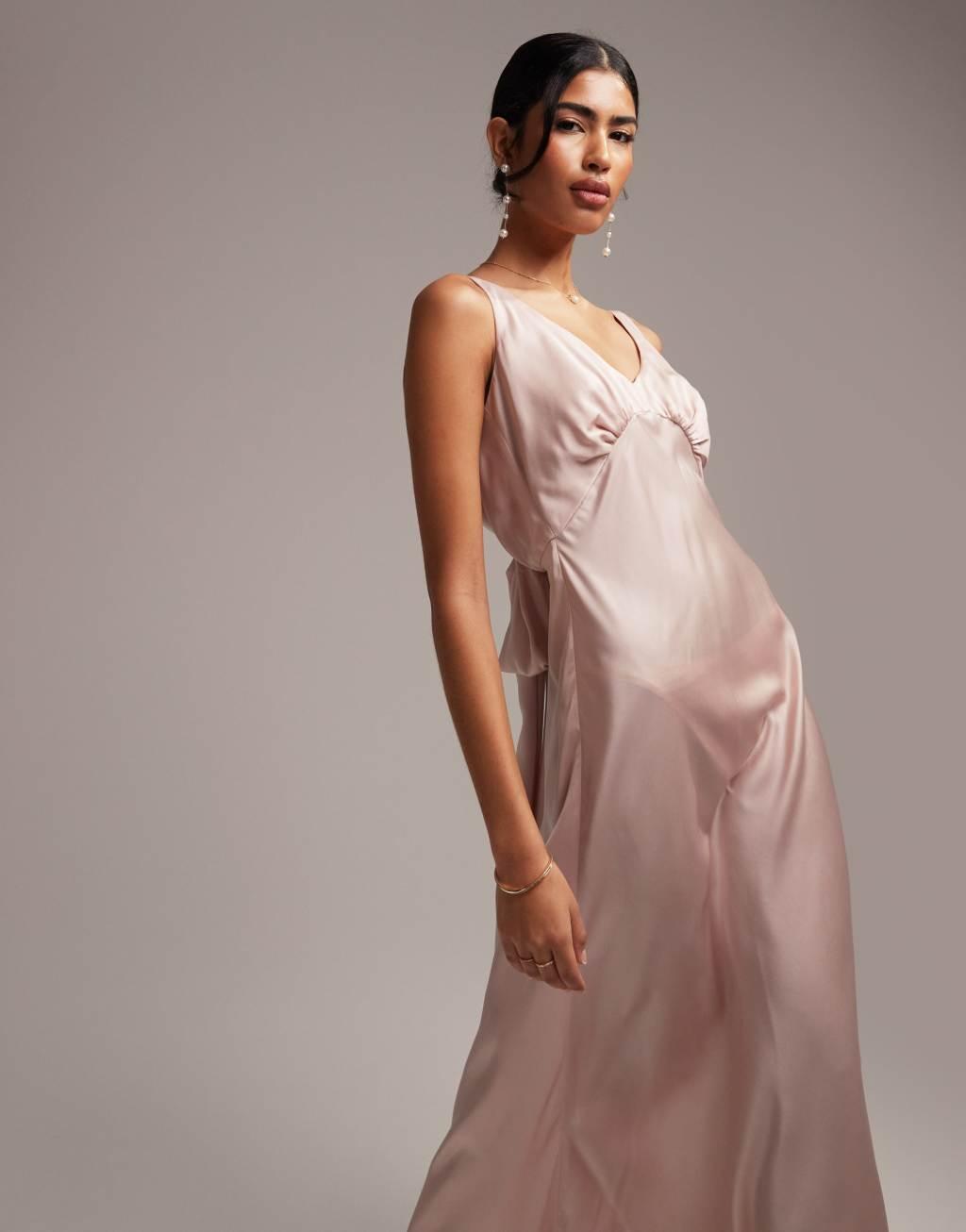 ASOS DESIGN Bridesmaid satin ruched bodice maxi dress with tie back and button back detail in blush Product Image