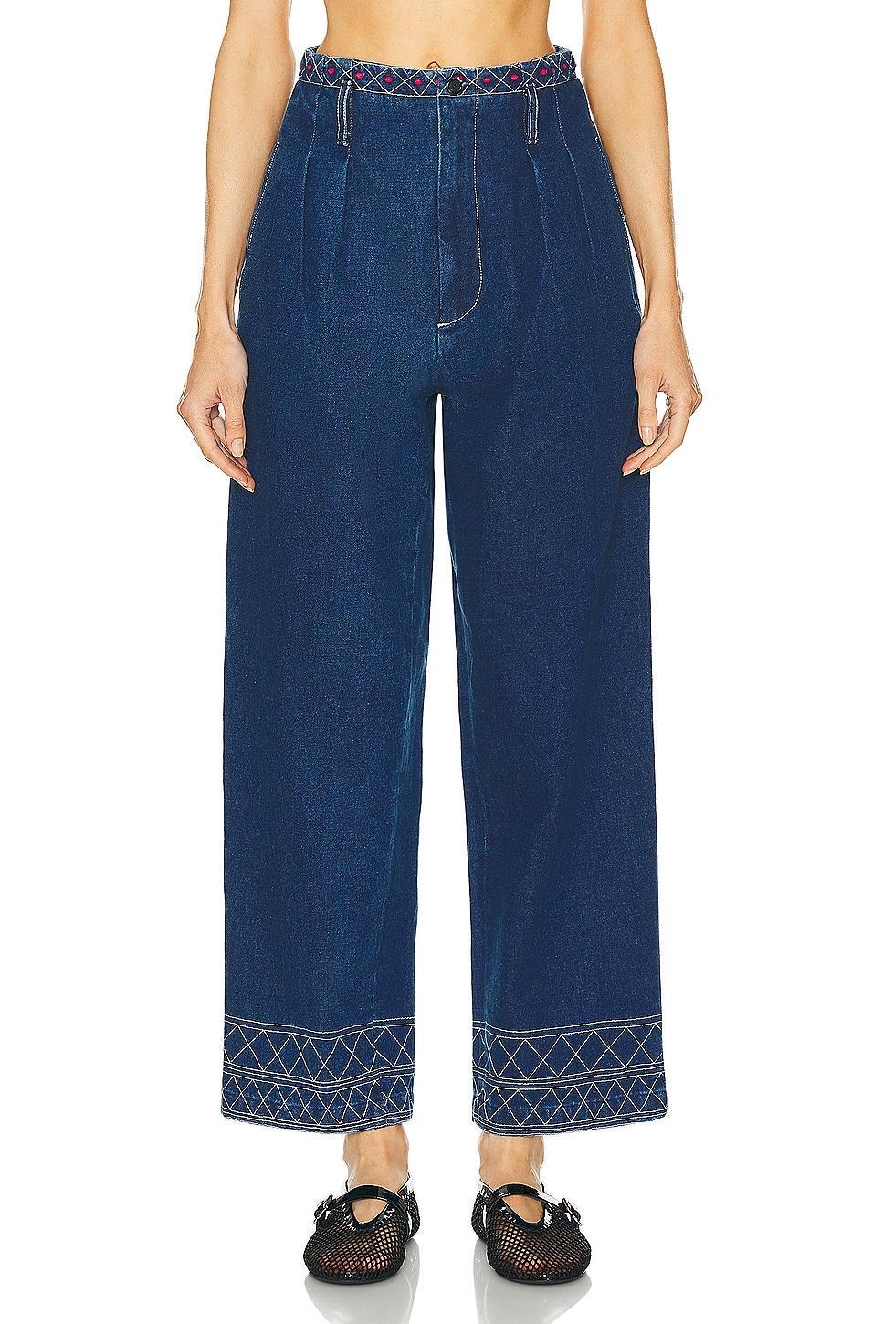 BODE Embroidered Murray Wide Leg in Indigo - Blue. Size 28 (also in 26, 29, 30). Product Image