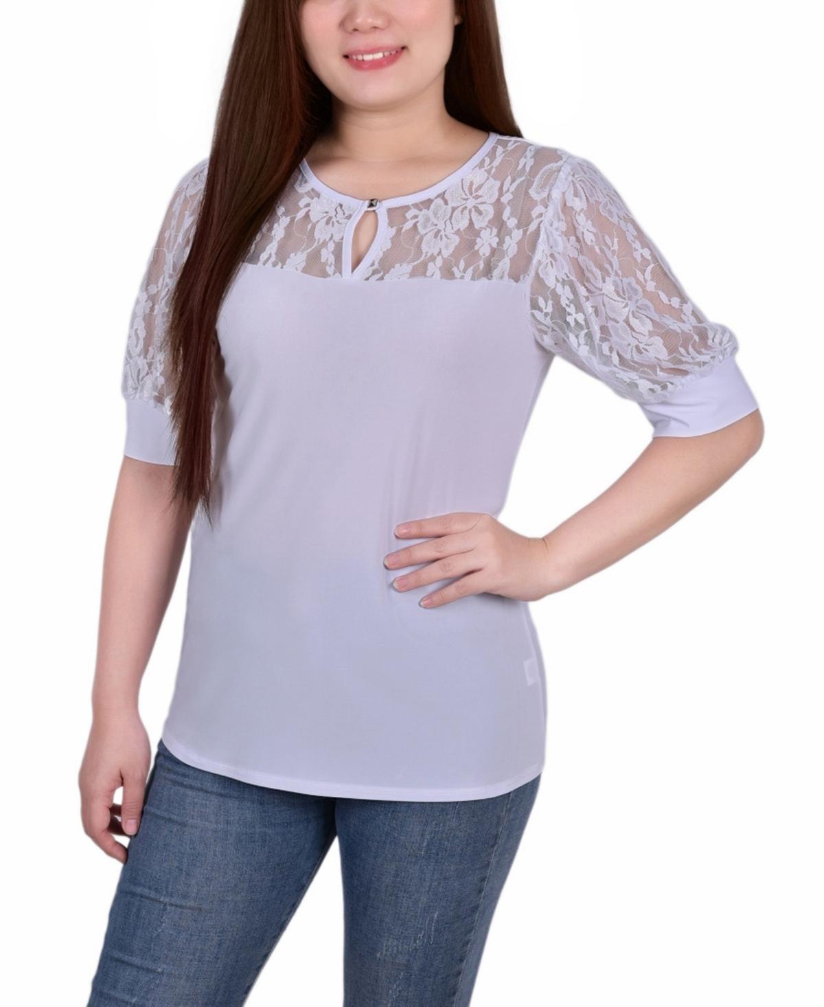 Womens Short Puff Sleeve Top with Lace Sleeves and Yoke Product Image